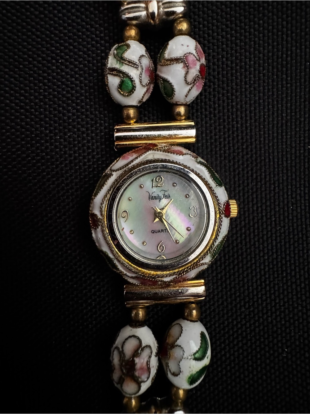 Vanity Fair Gold-Tone Cloisonné Bead Watch with Mother-of-Pearl Dial